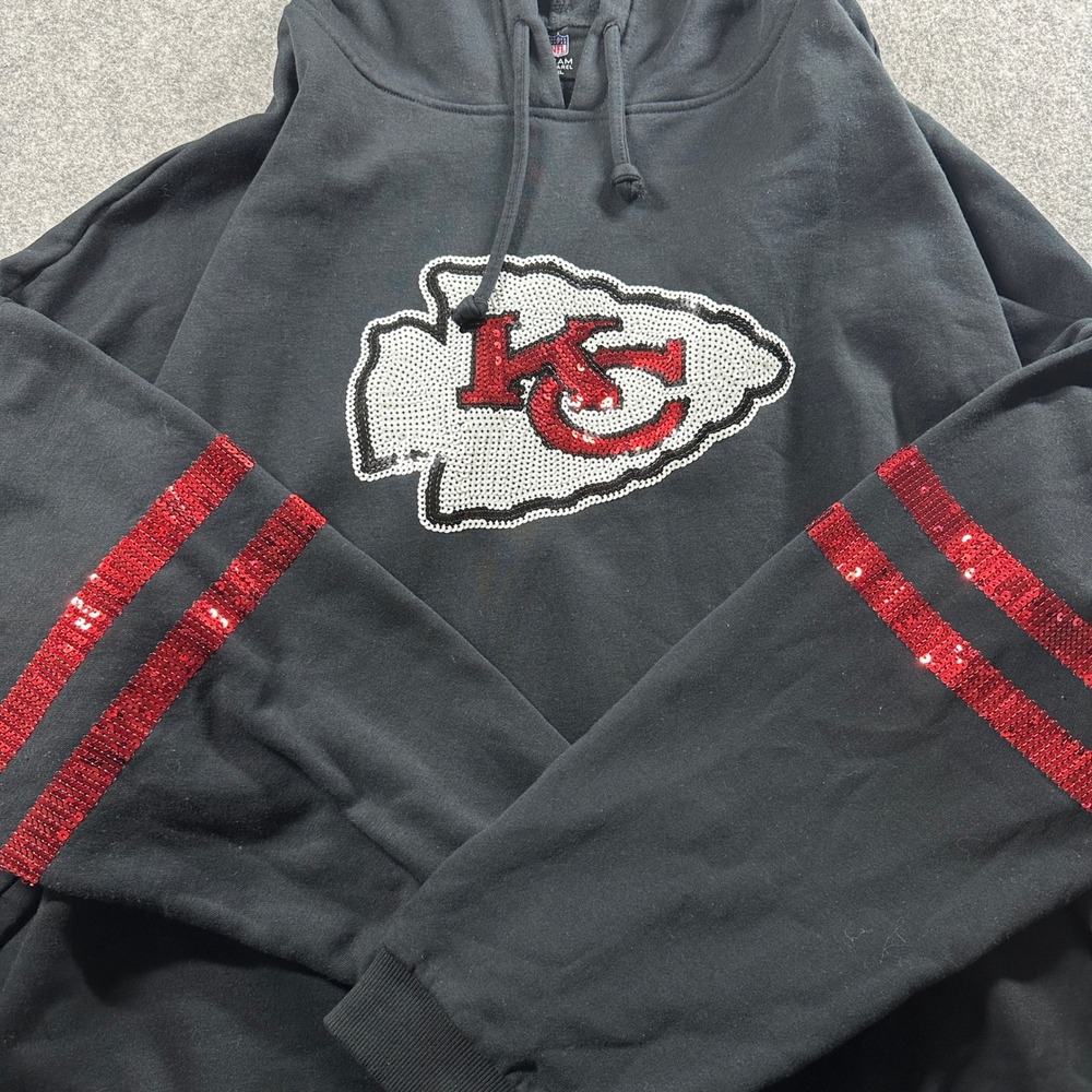 Kansas City Chiefs Hoodie Women 5XL Black NFL‎ Team Apparel Sequin Logo Stripes